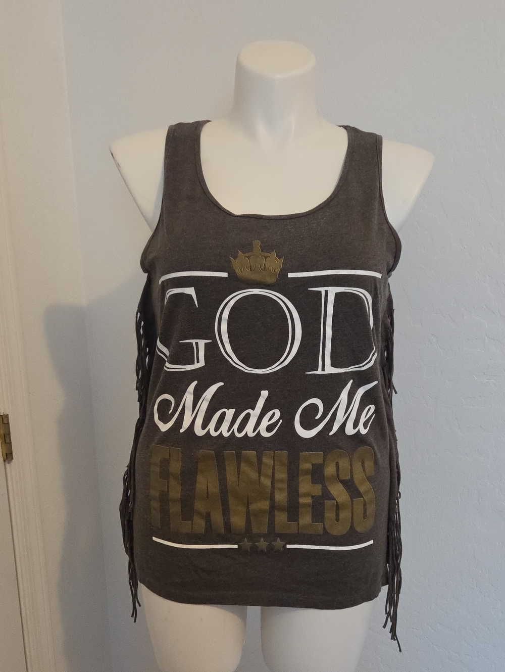 On Fire Dark Gray "God Made Me Flawless" Fringe Tank